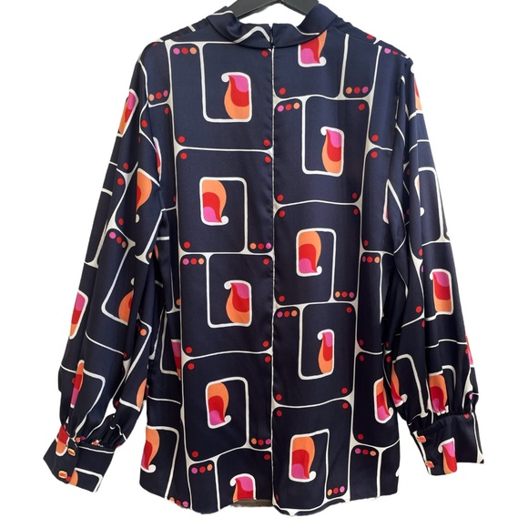 Zara Geometric Print Blouse, Dark Blue, Loose Fit, Long Sleeves, Size Large - Picture 3 of 7